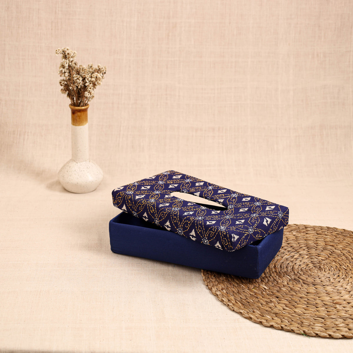 Blue - handcrafted bengal kantha work tissue box 08