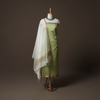 Green - 2pc Handloom Maheshwari Silk Unstitched Dress Material Kurta Set with Zari Border 19