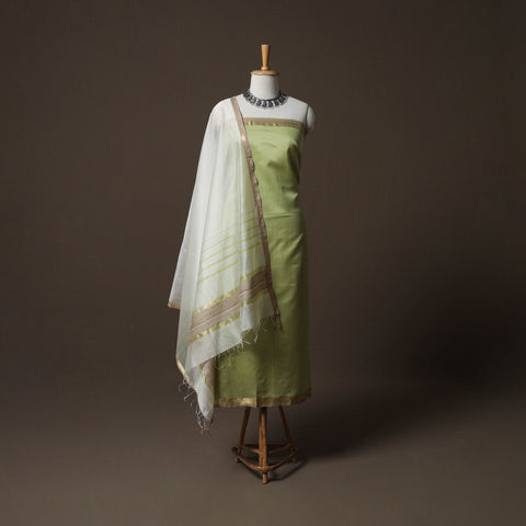 Green - 2pc Handloom Maheshwari Silk Unstitched Dress Material Kurta Set with Zari Border 19