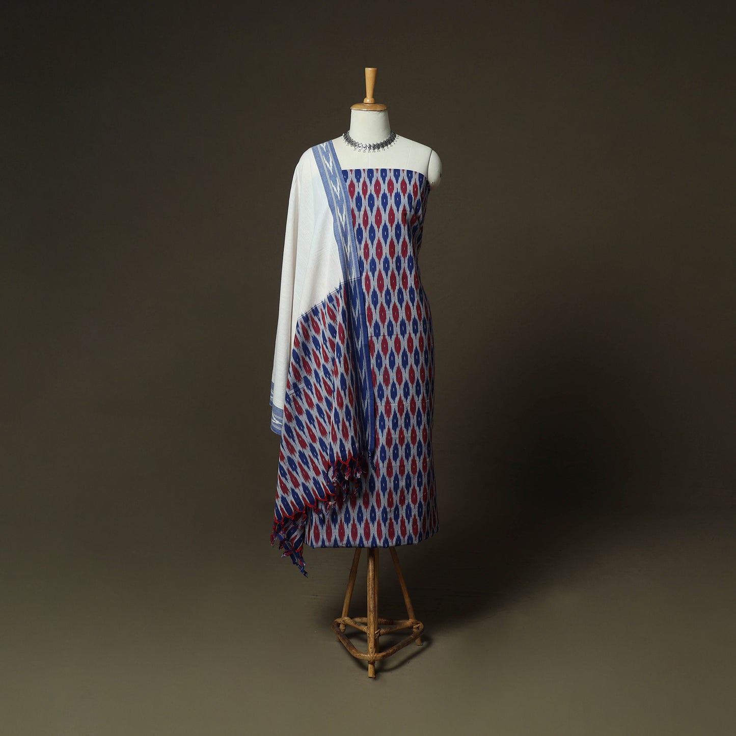 Multicolor - Pochampally Ikat Weave 3pc Cotton Unstitched Dress Material Suit Set 32
