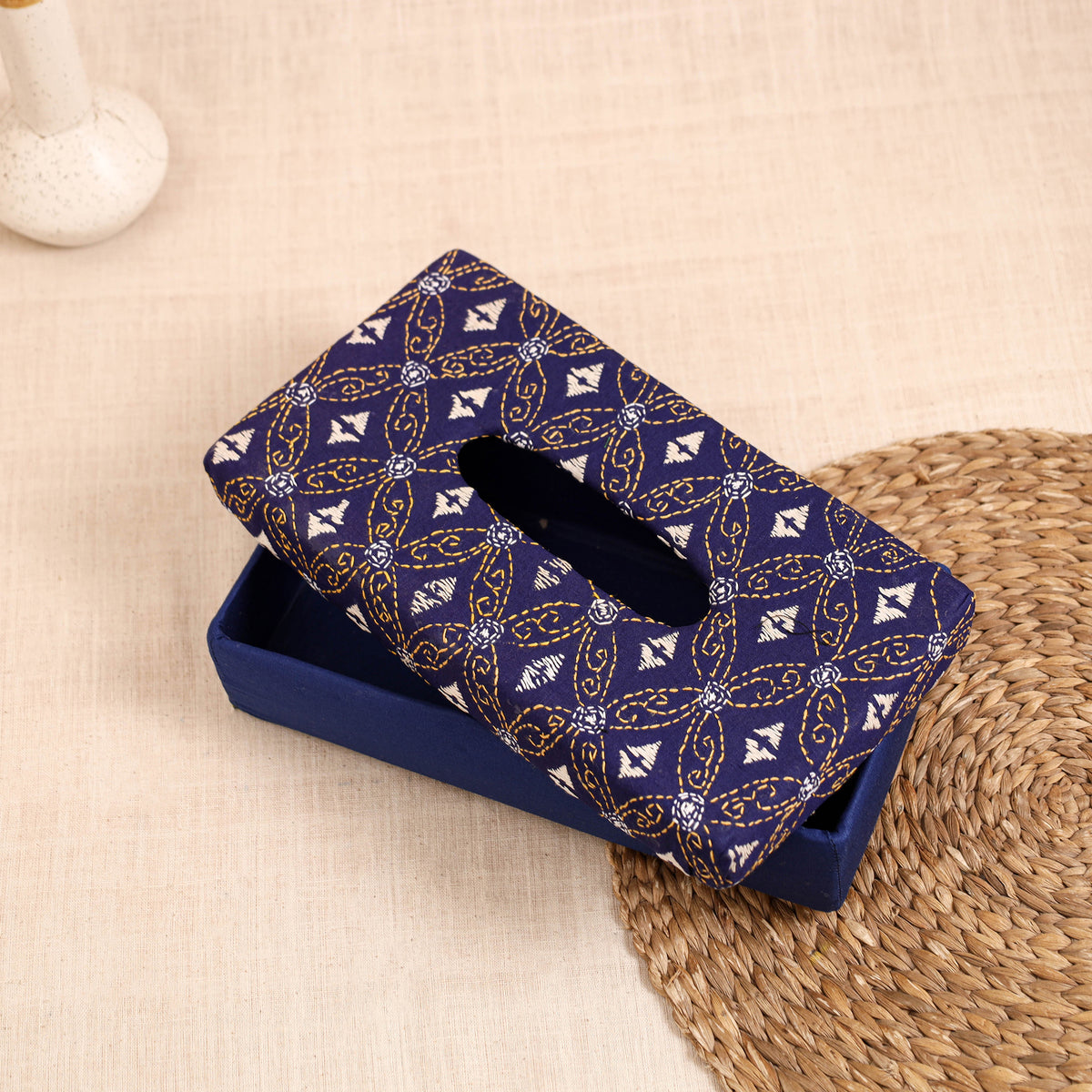 Blue - handcrafted bengal kantha work tissue box 08