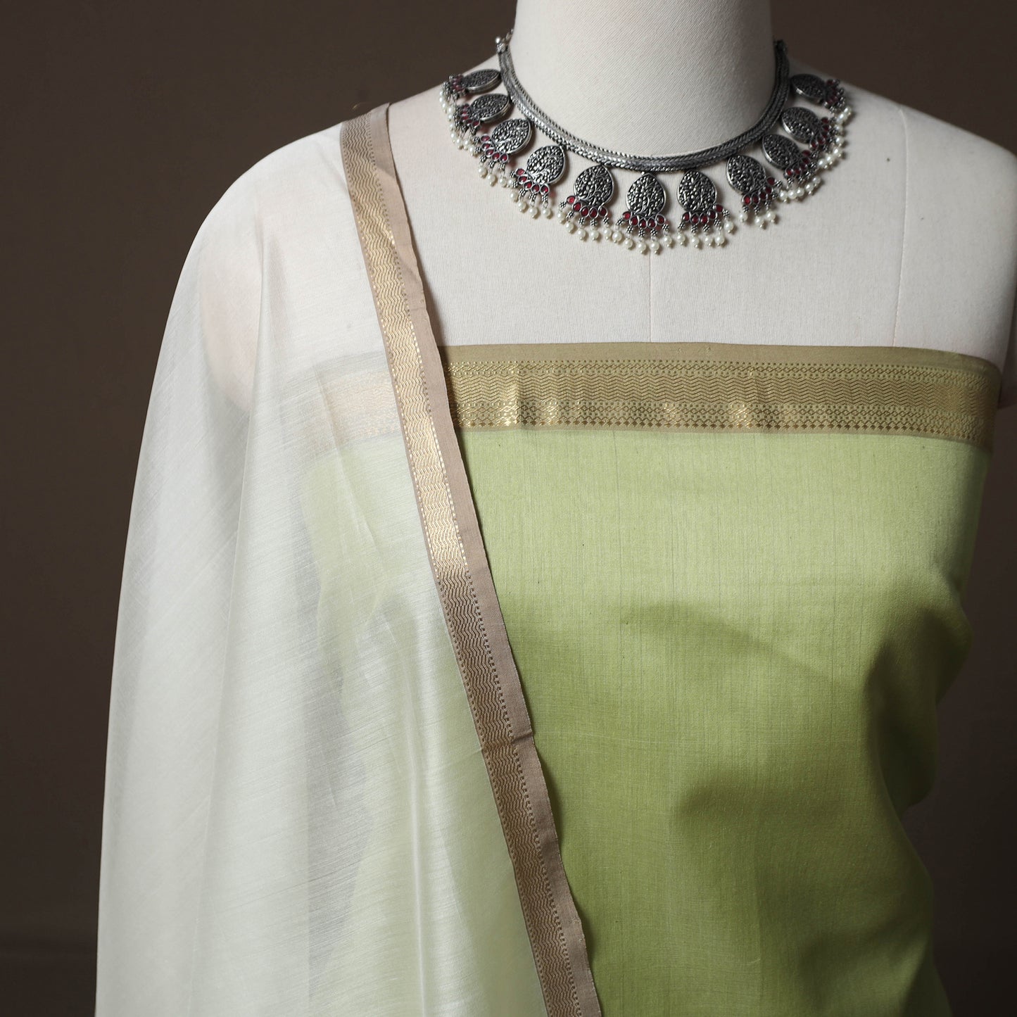 Green - 2pc Handloom Maheshwari Silk Unstitched Dress Material Kurta Set with Zari Border 19
