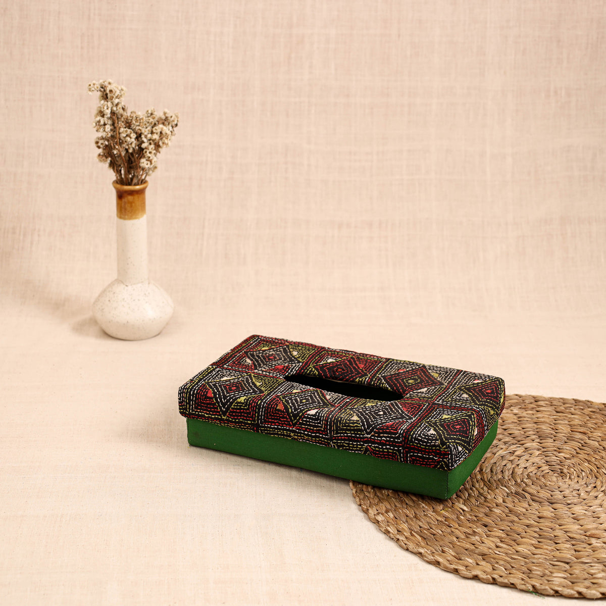Green - Handcrafted Bengal Kantha Work Tissue Box 06