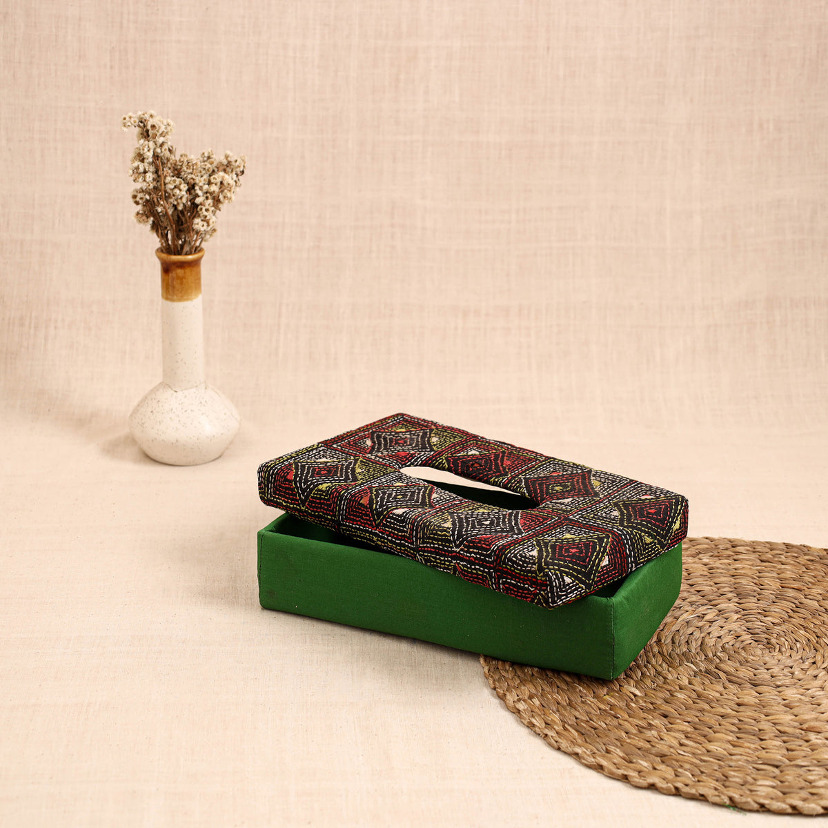 Green - Handcrafted Bengal Kantha Work Tissue Box 06