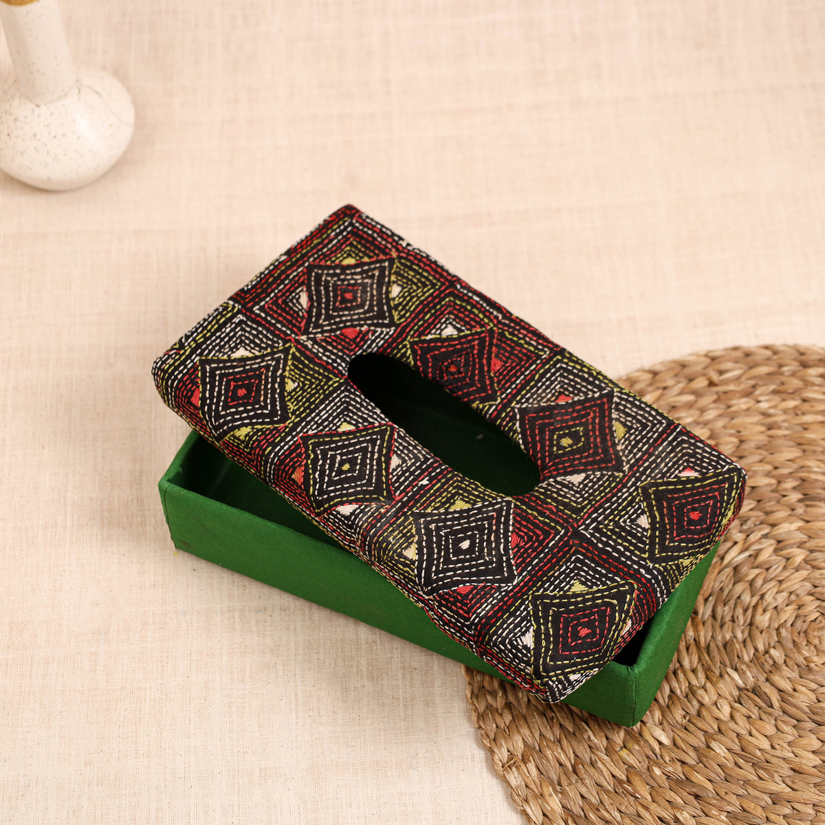 Green - Handcrafted Bengal Kantha Work Tissue Box 06