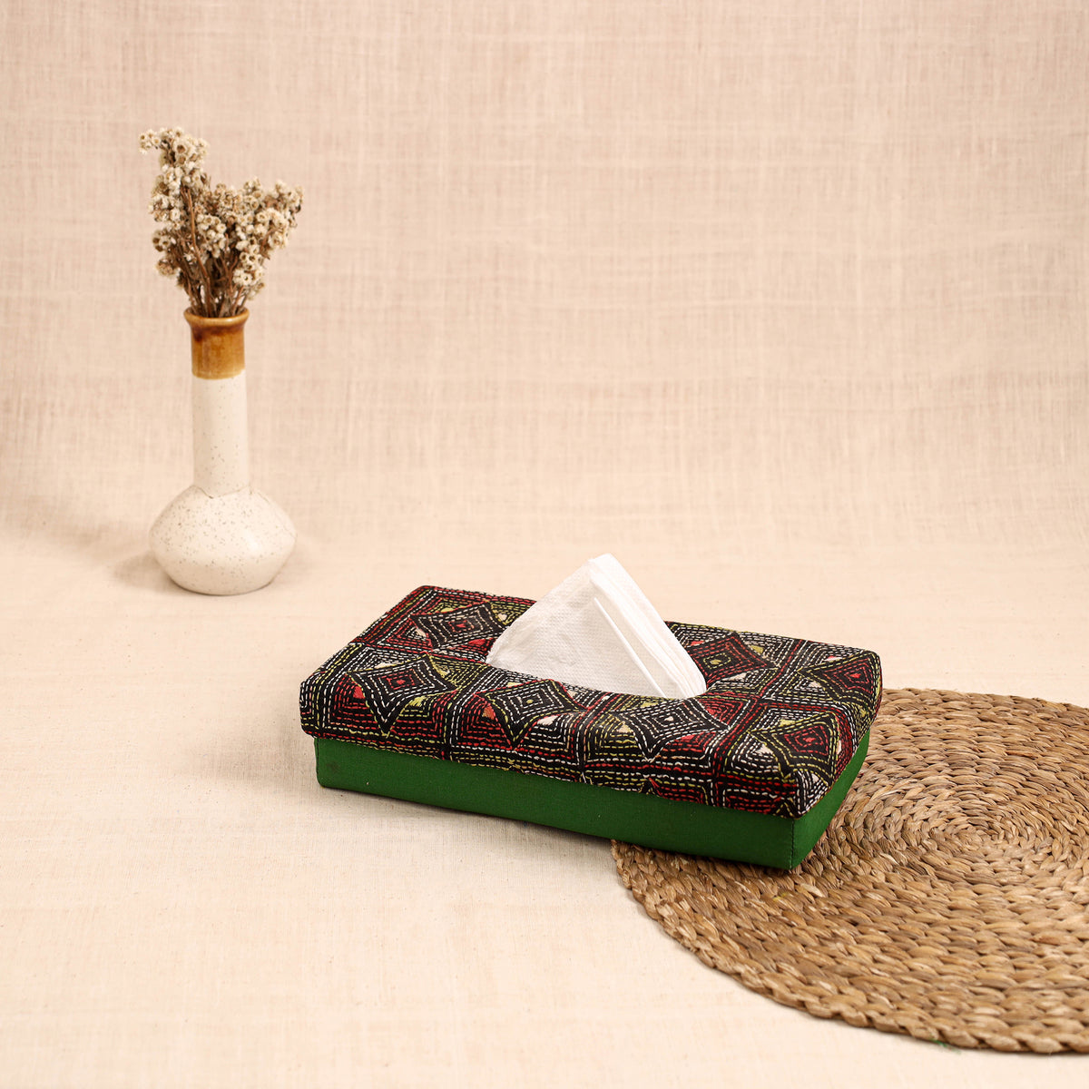 Green - Handcrafted Bengal Kantha Work Tissue Box 06