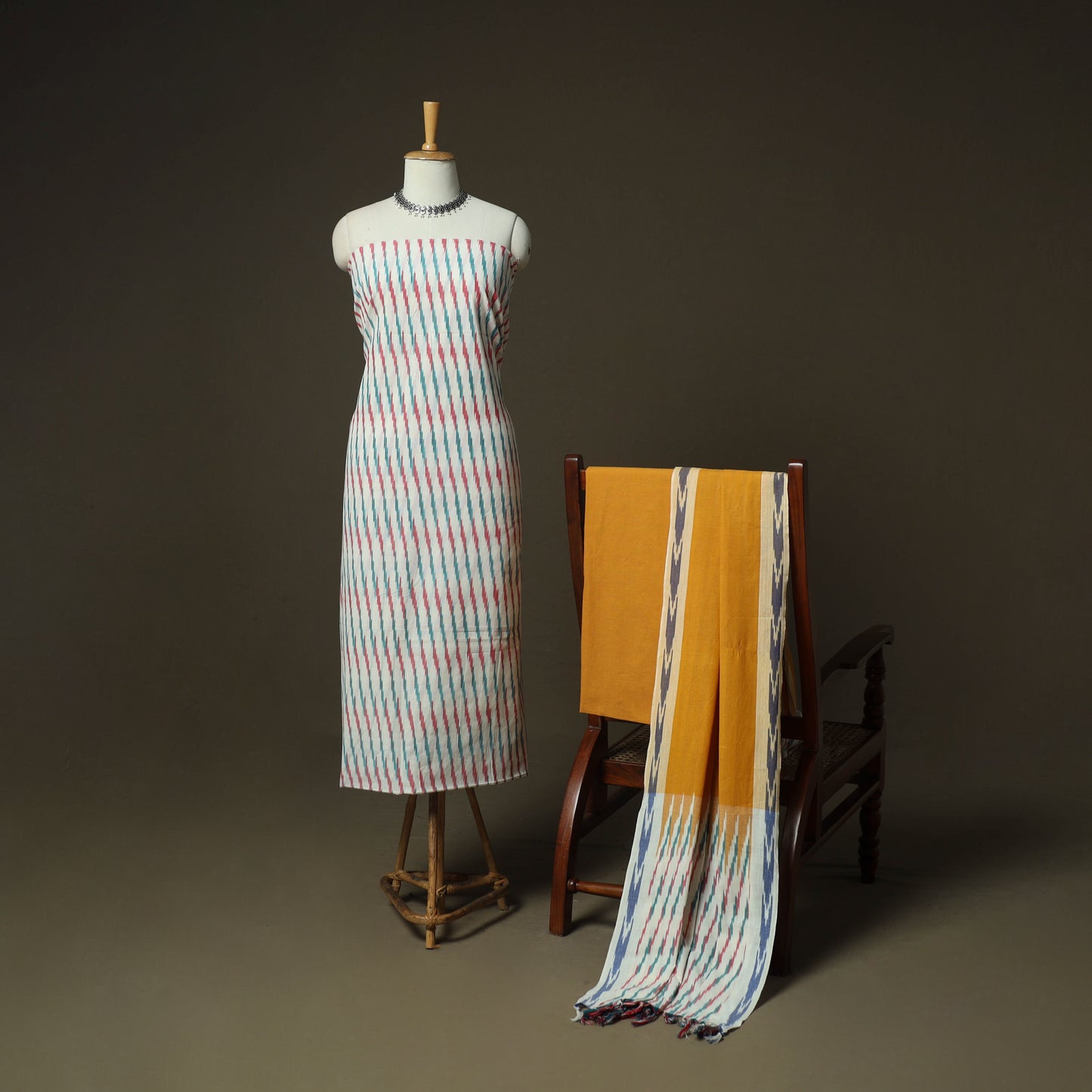 Multicolor - Pochampally Ikat Weave 3pc Cotton Unstitched Dress Material Suit Set 33