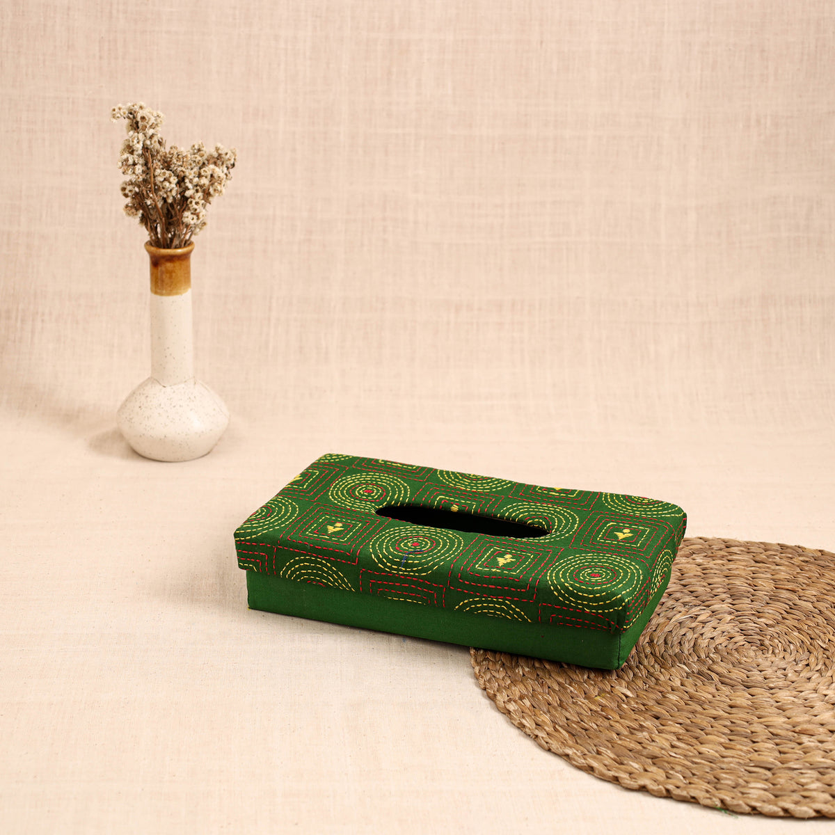 Green - handcrafted bengal kantha work tissue box 18