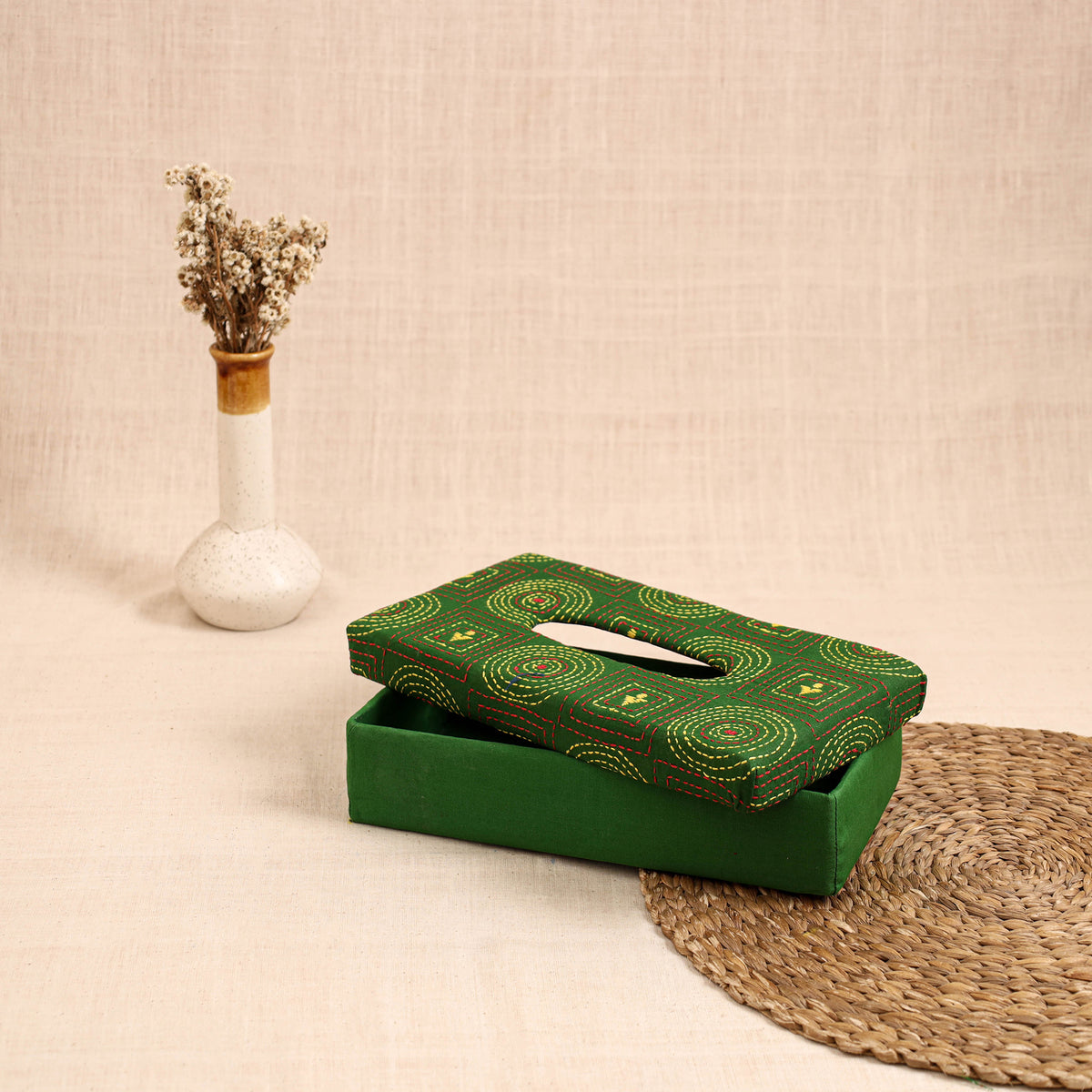 Green - handcrafted bengal kantha work tissue box 18