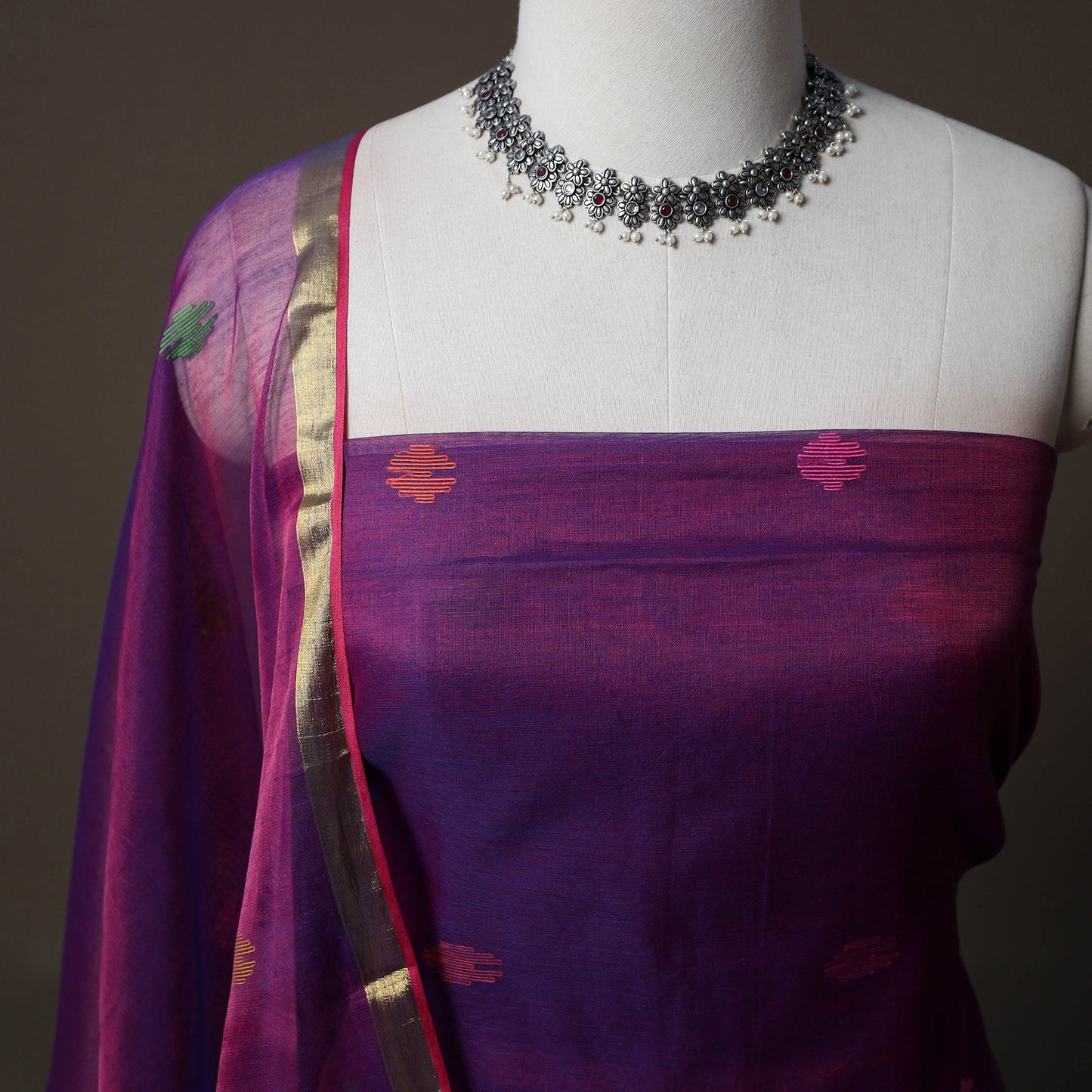 Handwoven Phulia Jamdani Muslin Silk 2pc Unstitched Dress Material Kurta Set 63