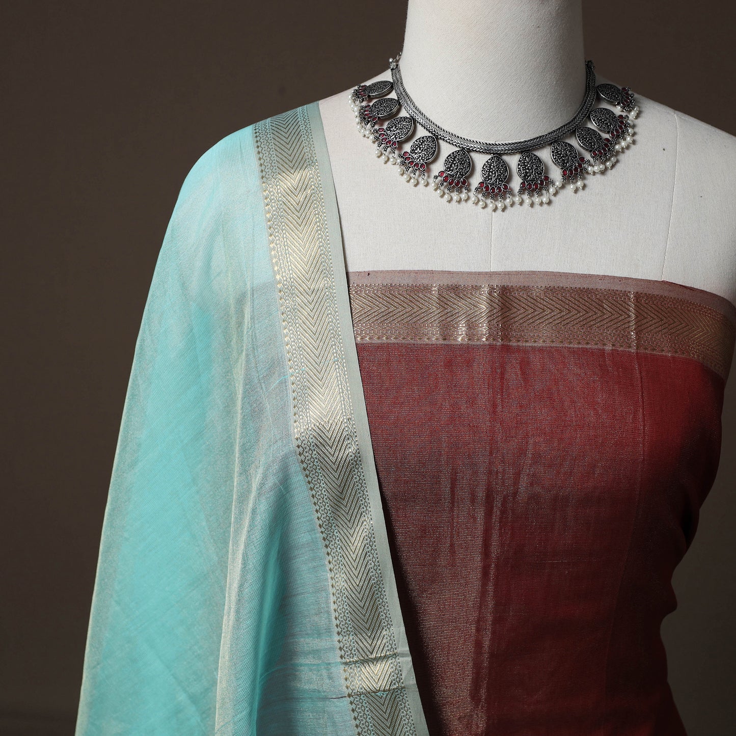 Maroon - 2pc Zari Work Handloom Maheshwari Silk Unstitched Dress Material Kurta Set 21