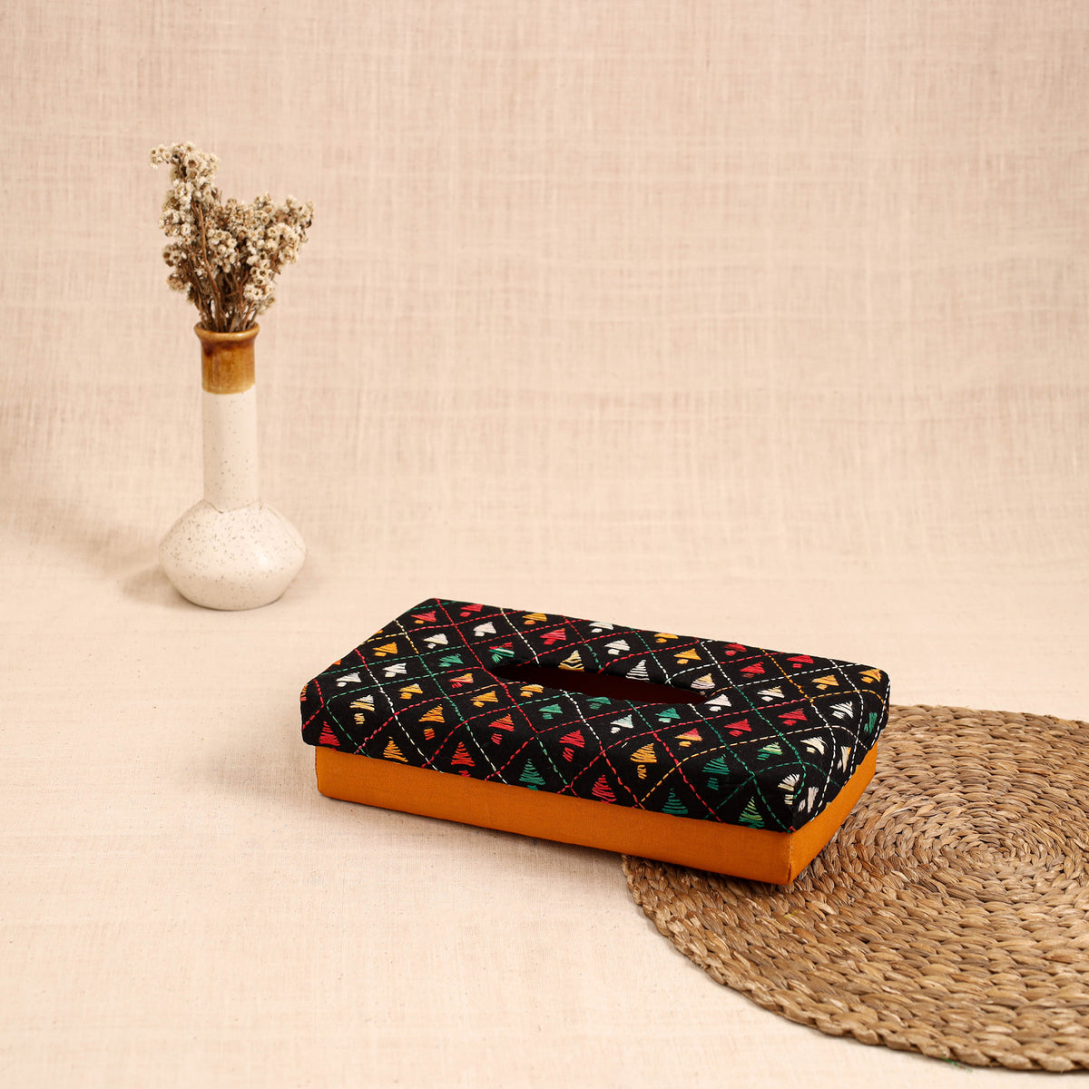 Yellow - handcrafted bengal kantha work tissue box 01