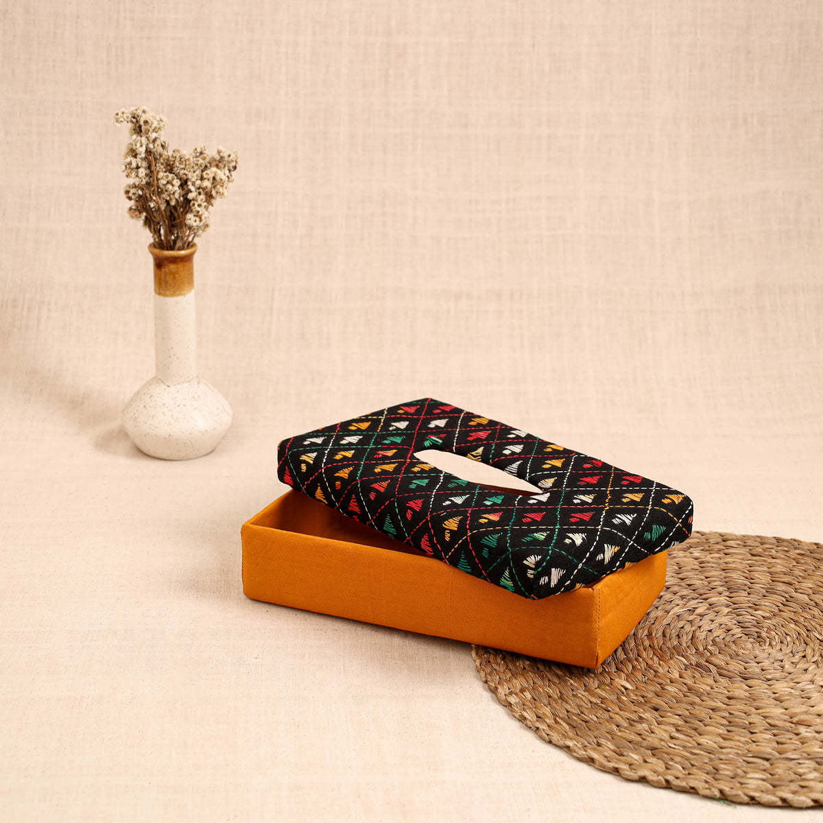 Yellow - handcrafted bengal kantha work tissue box 01