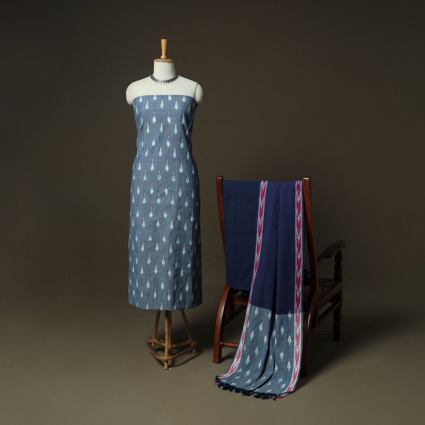 Grey - Pochampally Ikat Weave 3pc Cotton Unstitched Dress Material Suit Set 34