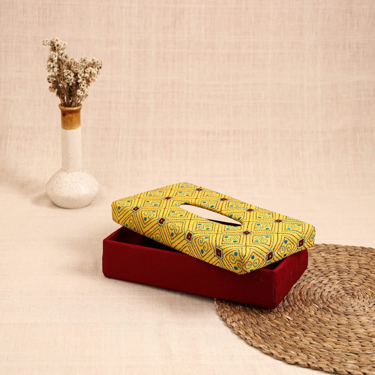 Yellow - handcrafted bengal kantha work tissue box 07