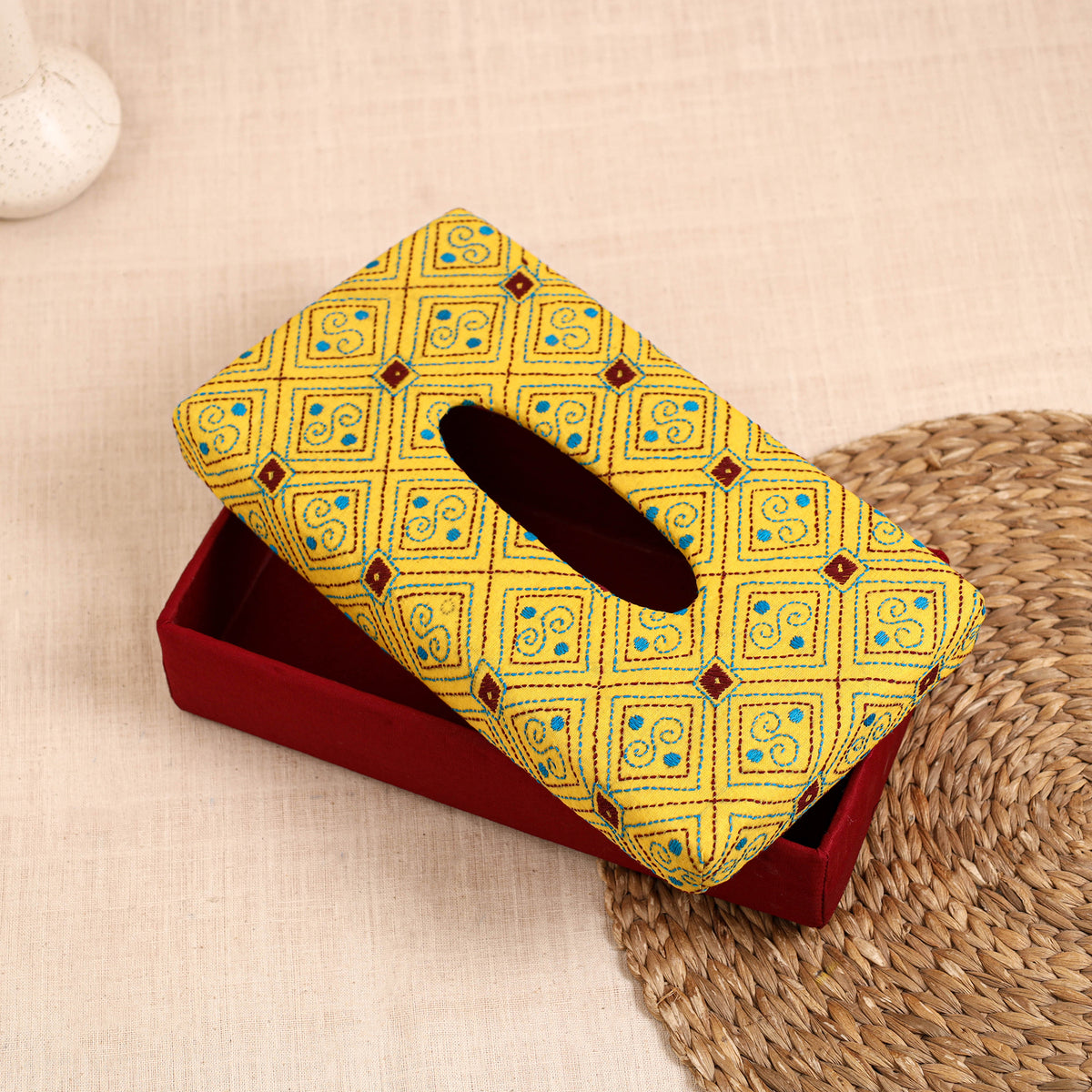 Yellow - handcrafted bengal kantha work tissue box 07
