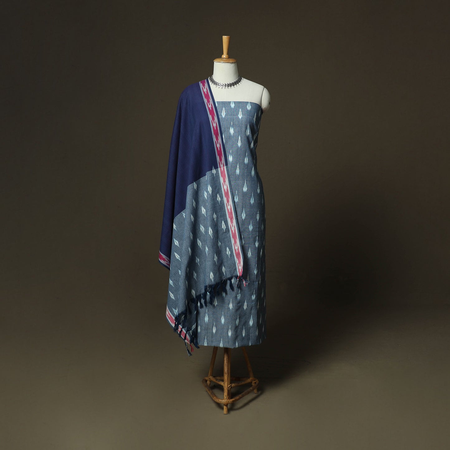 Grey - Pochampally Ikat Weave 3pc Cotton Unstitched Dress Material Suit Set 34