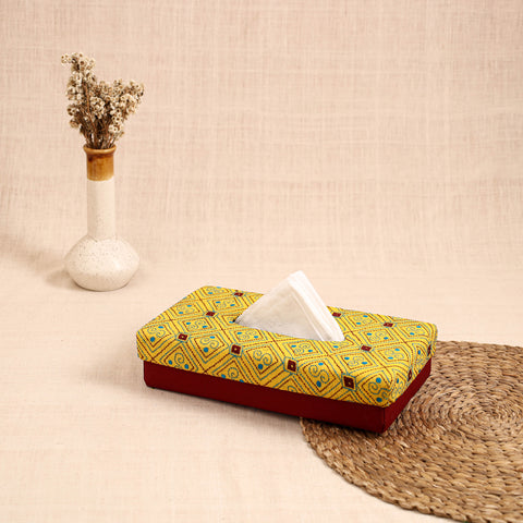 Yellow - handcrafted bengal kantha work tissue box 07