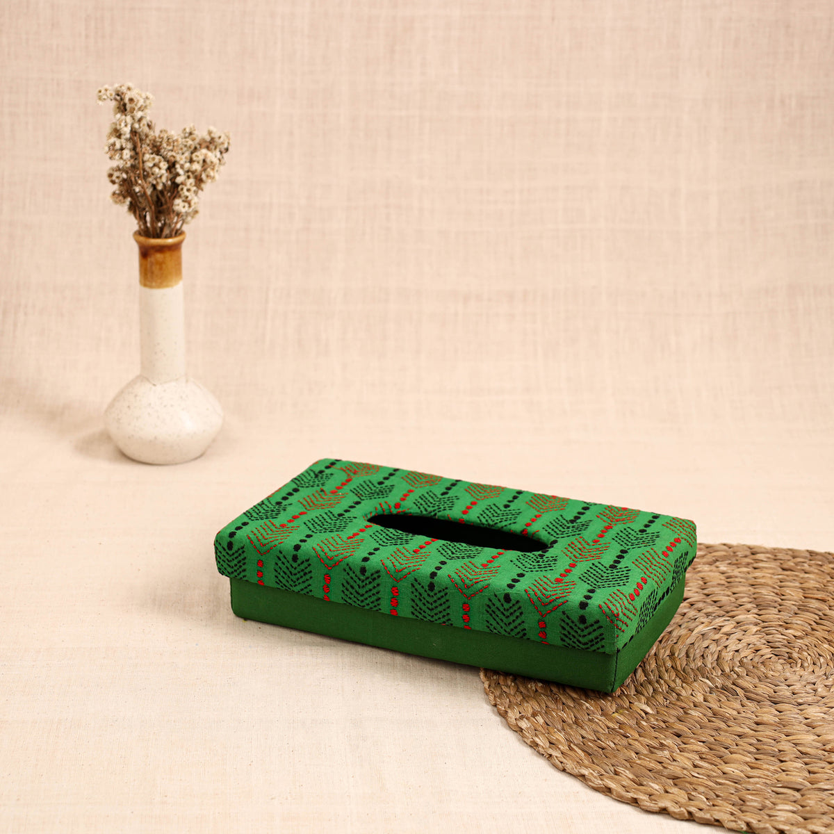 Green - handcrafted bengal kantha work tissue box 09