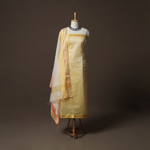 Yellow - 2pc Handloom Maheshwari Silk Unstitched Dress Material Kurta Set 23