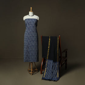 Blue - Pochampally Ikat Weave 3pc Cotton Unstitched Dress Material Suit Set 35