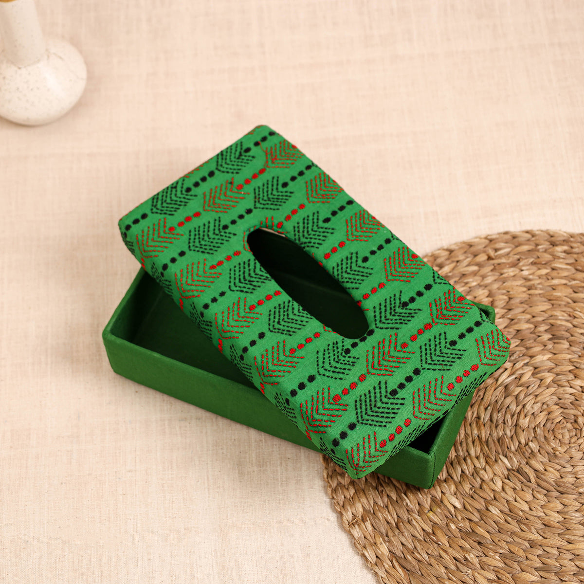 Green - handcrafted bengal kantha work tissue box 09