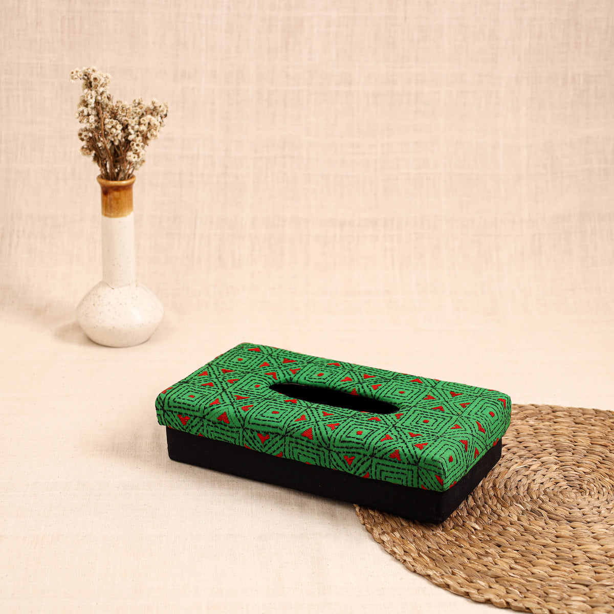 Green - handcrafted bengal kantha work tissue box 10