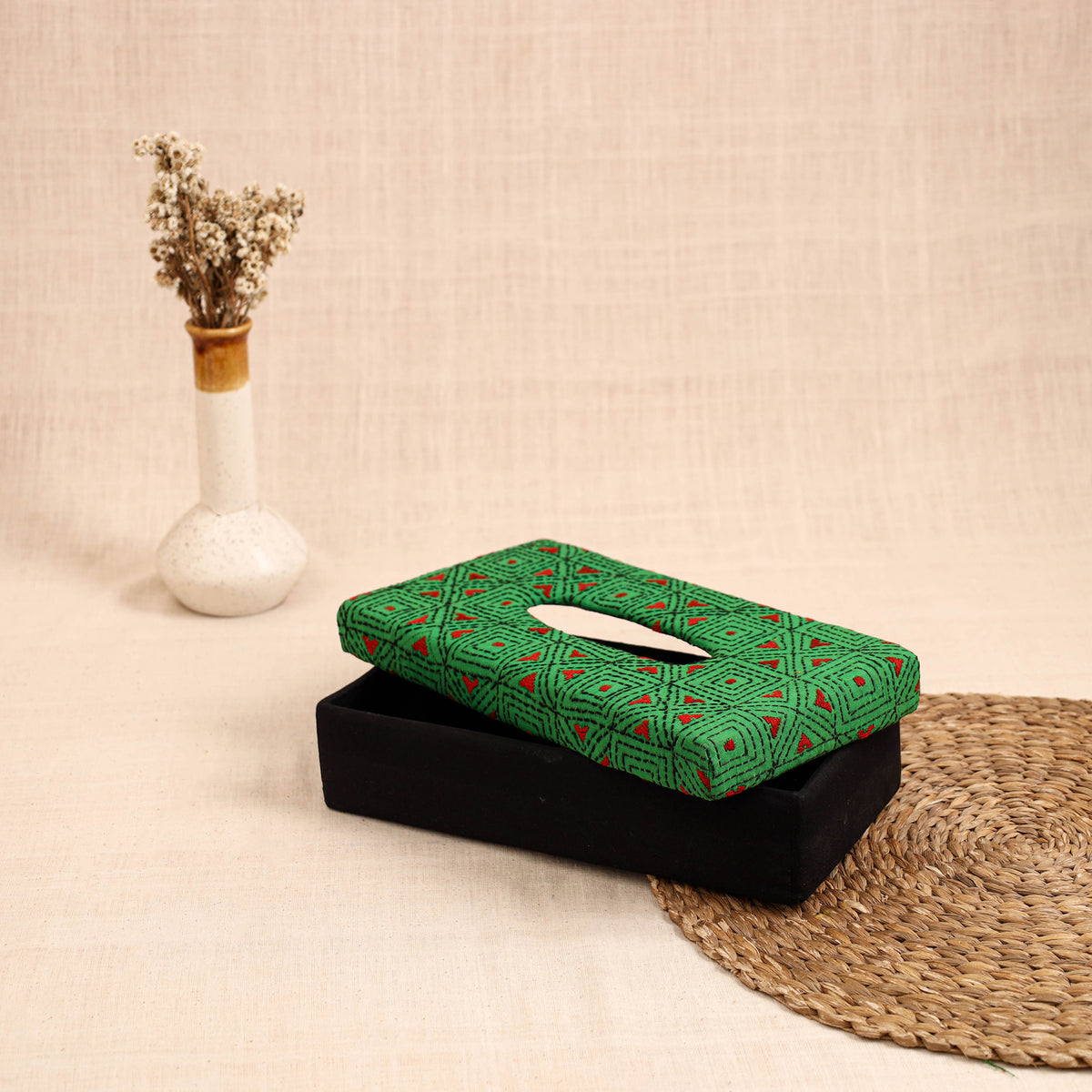 Green - handcrafted bengal kantha work tissue box 10