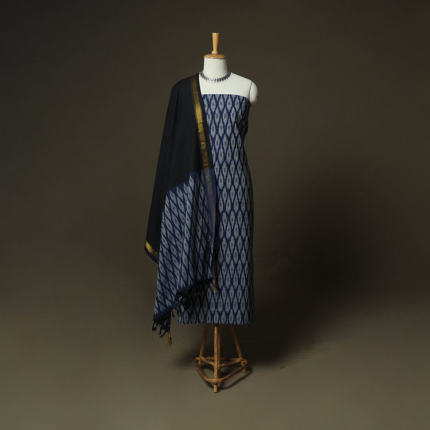 Blue - Pochampally Ikat Weave 3pc Cotton Unstitched Dress Material Suit Set 35