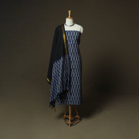 Blue - Pochampally Ikat Weave 3pc Cotton Unstitched Dress Material Suit Set 35