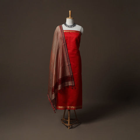 Red - 2pc Handloom Maheshwari Silk Unstitched Dress Material Kurta Set 25