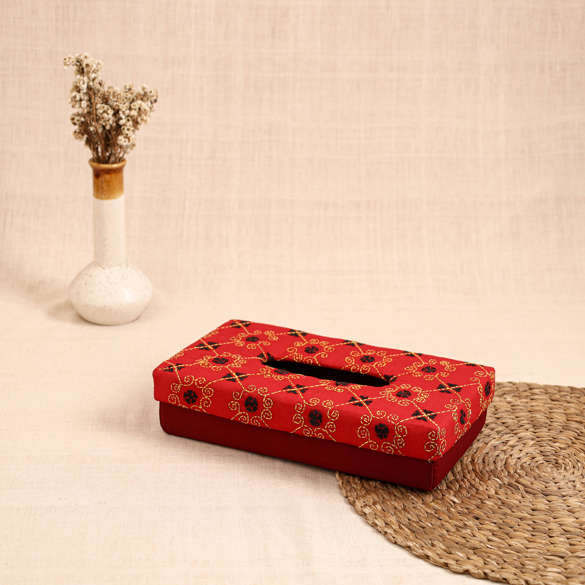 Red - handcrafted bengal kantha work tissue box 05