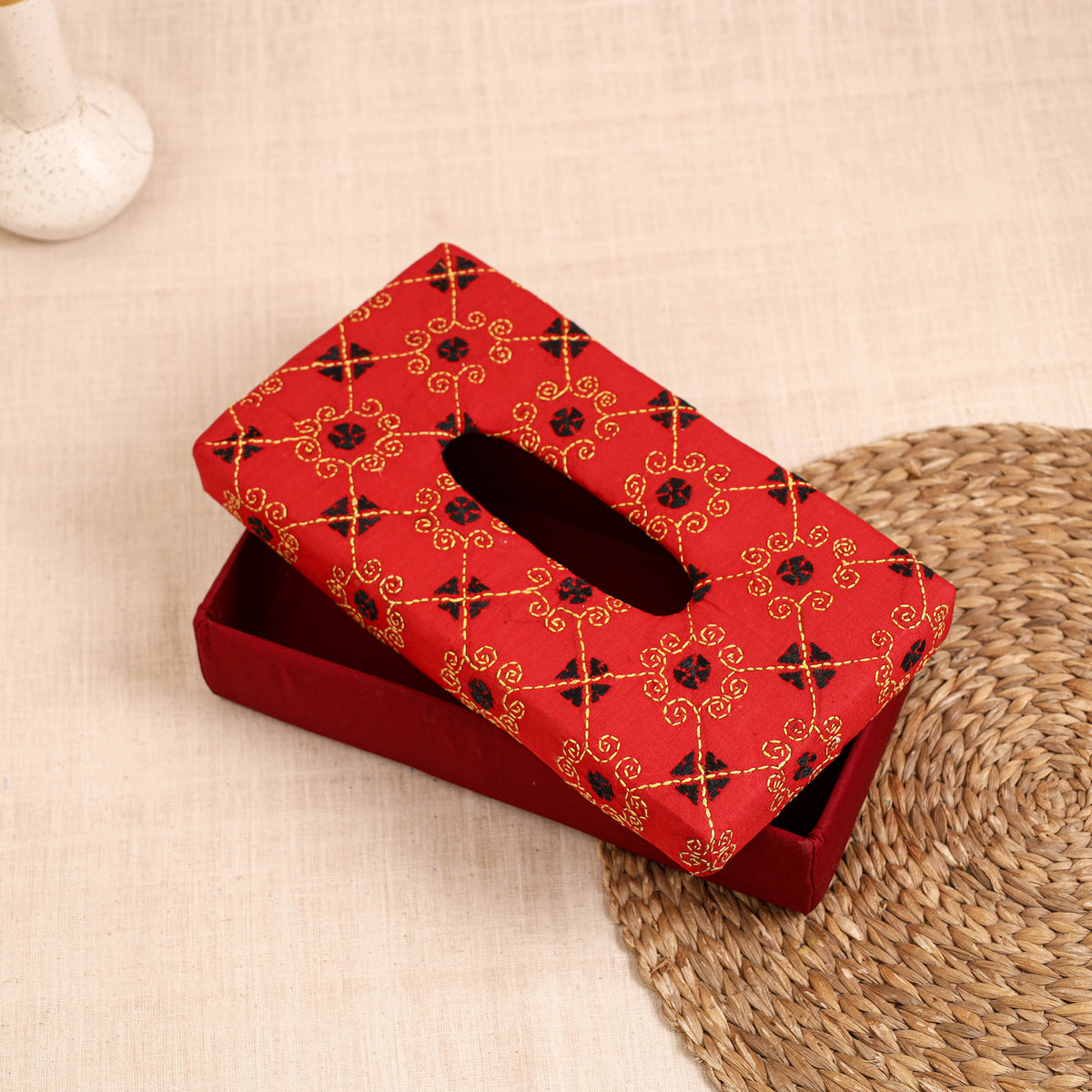 Red - handcrafted bengal kantha work tissue box 05