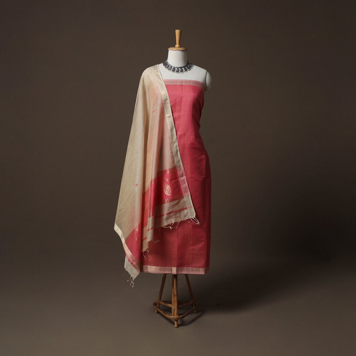 Pink - 2pc Handloom Maheshwari Silk Unstitched Dress Material Kurta Set with Zari Border 26