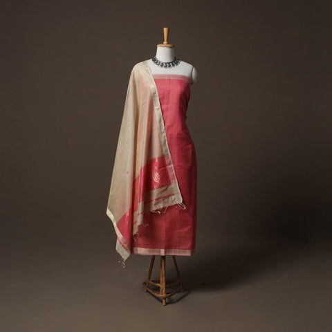 Pink - 2pc Handloom Maheshwari Silk Unstitched Dress Material Kurta Set with Zari Border 26