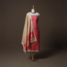 Pink - 2pc Handloom Maheshwari Silk Unstitched Dress Material Kurta Set with Zari Border 26