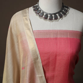 Pink - 2pc Handloom Maheshwari Silk Unstitched Dress Material Kurta Set with Zari Border 26