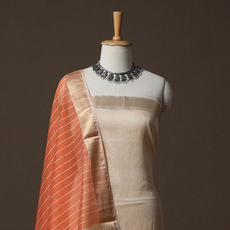 Peach - 2pc Handloom Maheshwari Silk Unstitched Dress Material Kurta Set with Zari Border 27