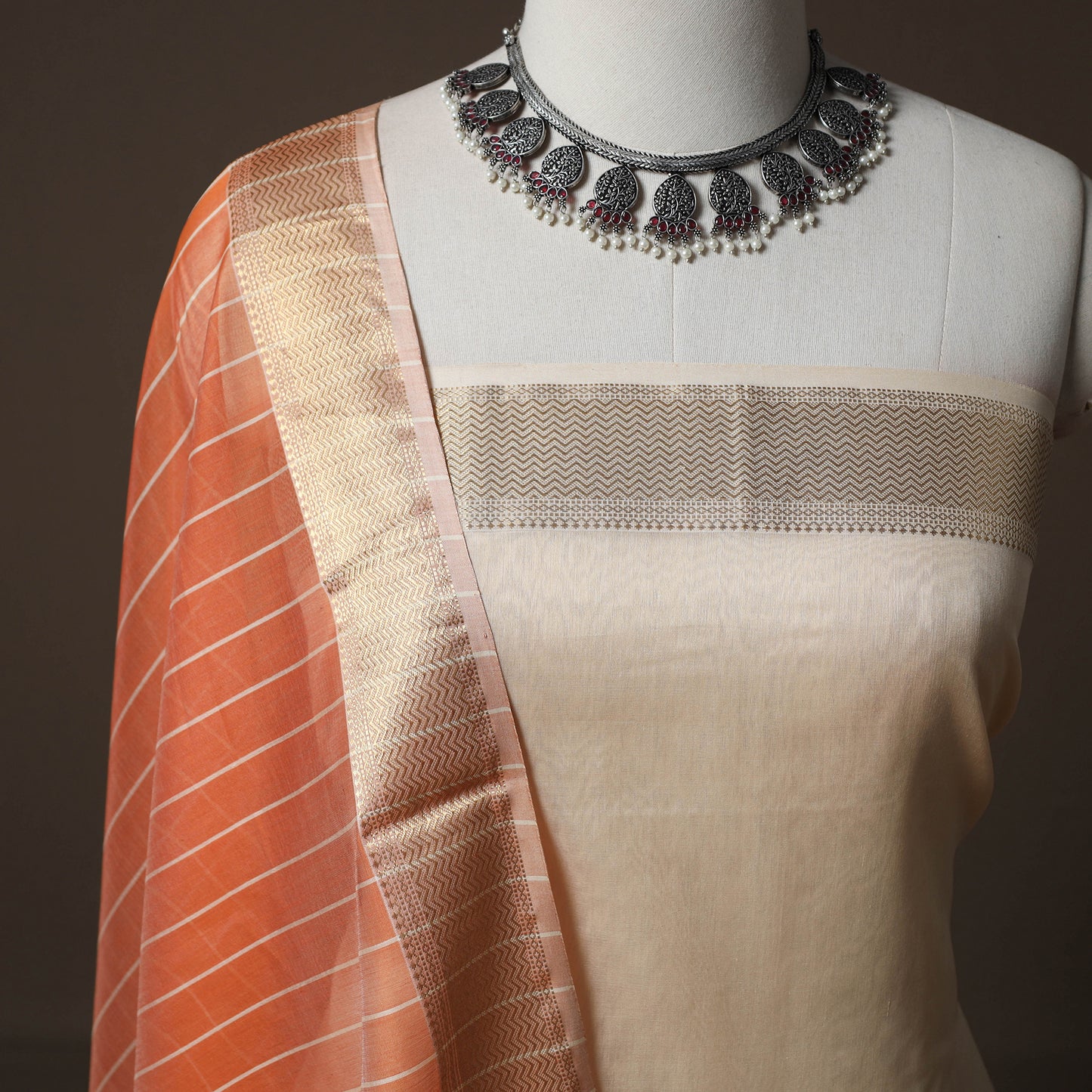 Peach - 2pc Handloom Maheshwari Silk Unstitched Dress Material Kurta Set with Zari Border 27