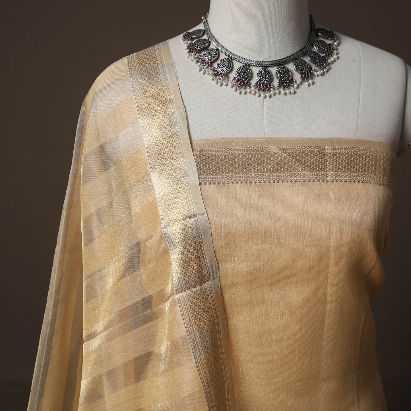 Brown - 2pc Handloom Tissue Zari Maheshwari Silk Unstitched Dress Material Kurta Set 28