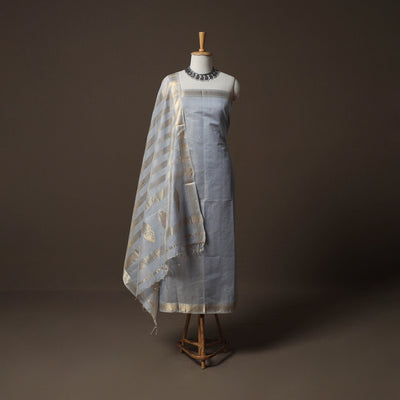 Grey - 2pc Handloom Tissue Zari Maheshwari Silk Unstitched Dress Material Kurta Set 29