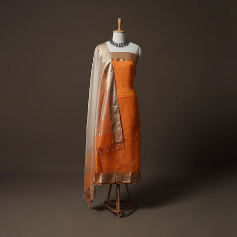 Orange - 2pc Handloom Maheshwari Silk Unstitched Dress Material Kurta Set with Resham Zari Border 30