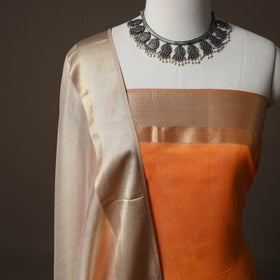Orange - 2pc Handloom Maheshwari Silk Unstitched Dress Material Kurta Set with Resham Zari Border 30