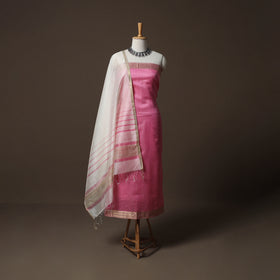 Pink - 2pc Handloom Maheshwari Silk Unstitched Dress Material Kurta Set with Zari Border 31