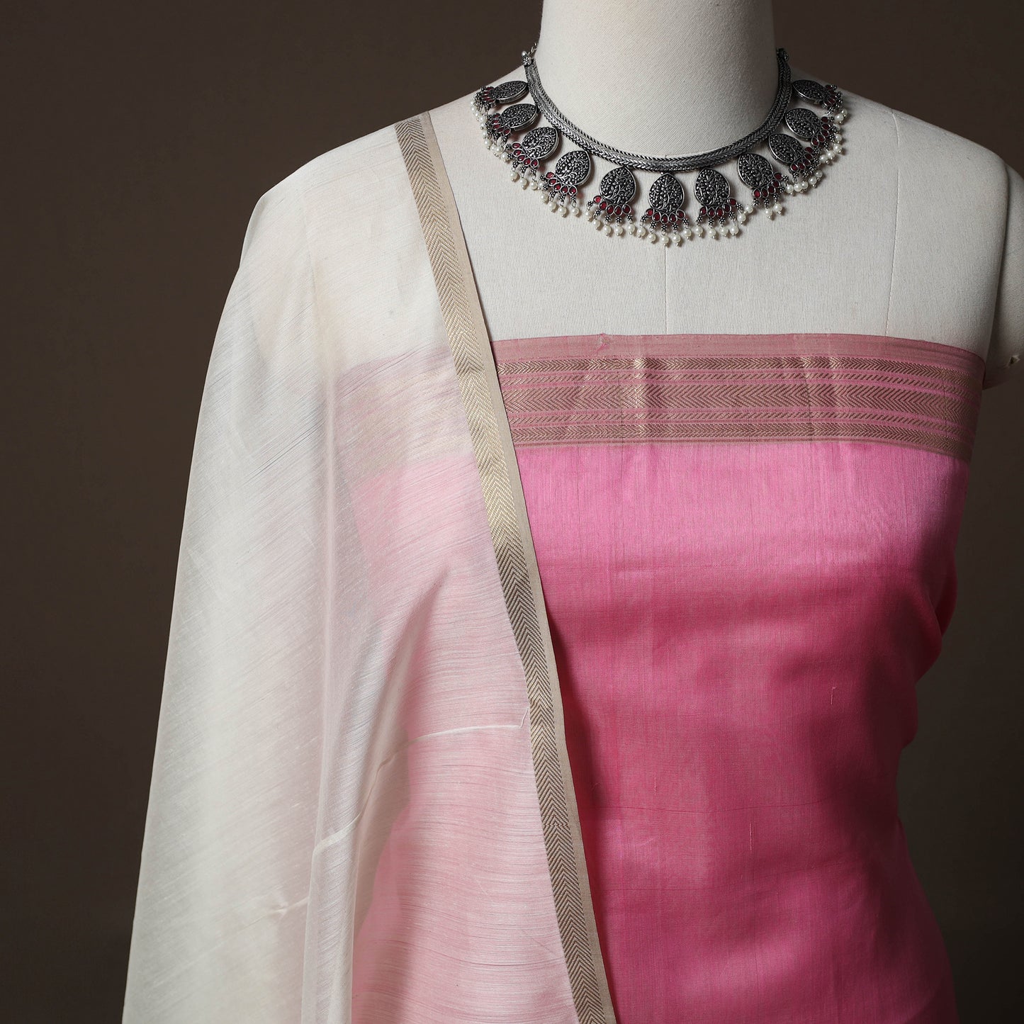Pink - 2pc Handloom Maheshwari Silk Unstitched Dress Material Kurta Set with Zari Border 31