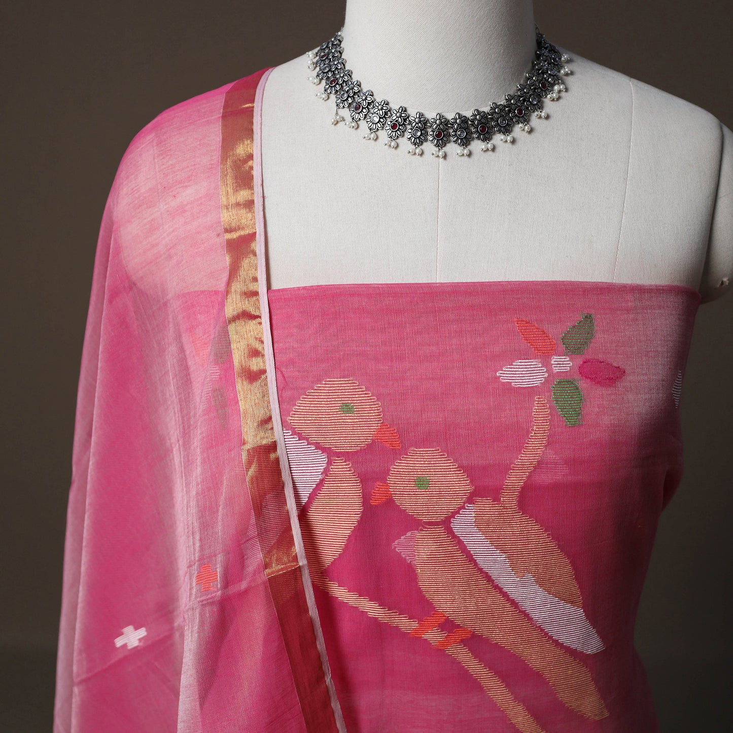 Handwoven Phulia Jamdani Muslin Silk 2pc Unstitched Dress Material Kurta Set 73