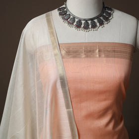 Peach - 2pc Handloom Maheshwari Silk Unstitched Dress Material Kurta Set with Zari Border 32