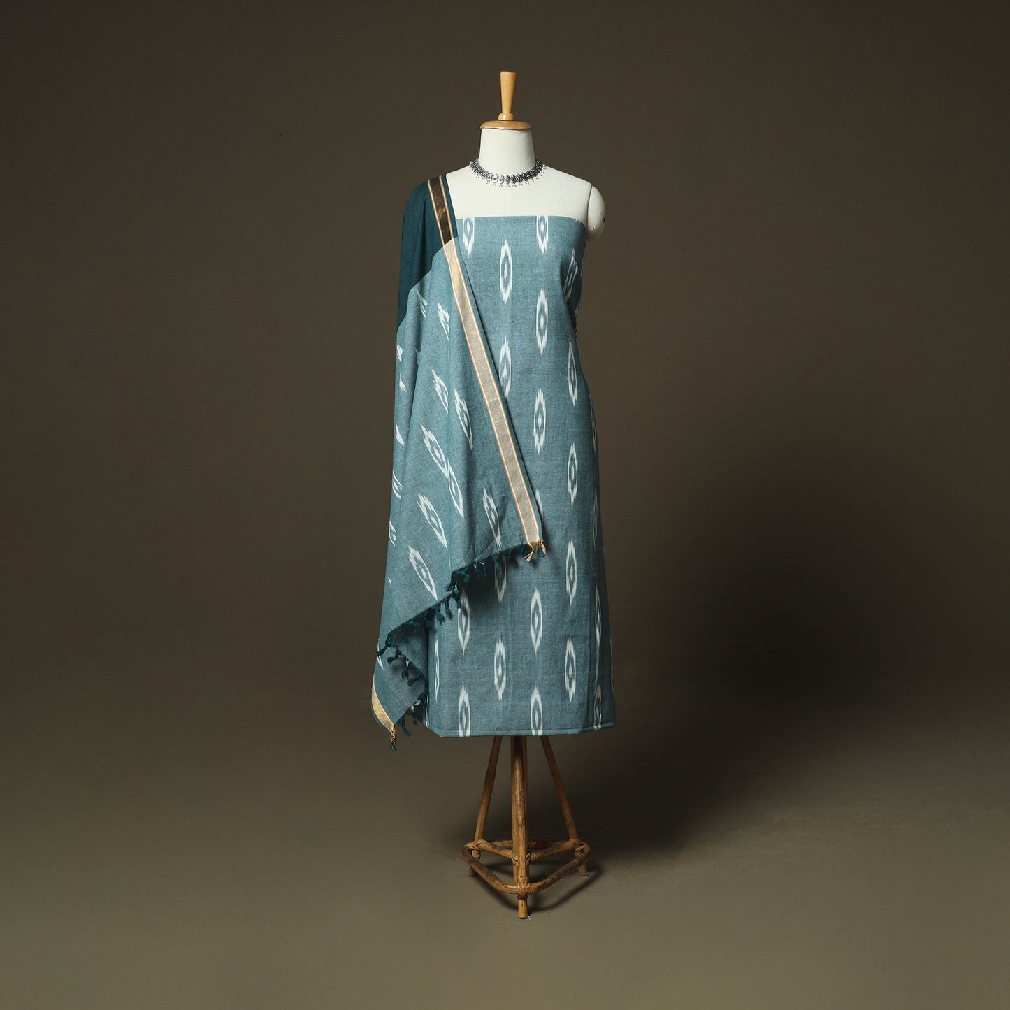Green - Pochampally Ikat Weave 3pc Cotton Unstitched Dress Material Suit Set 40