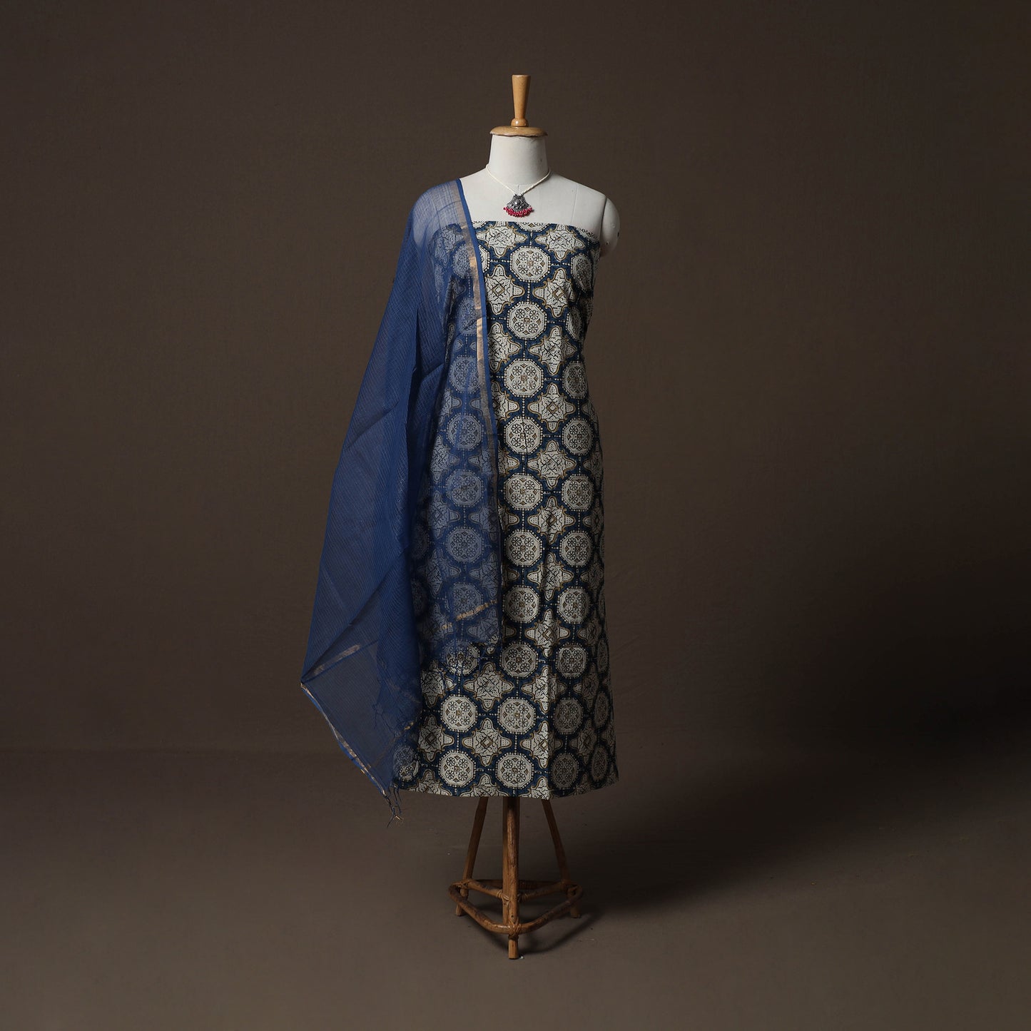 Ajrakh Hand Block Print Natural Dyed 2pc Cotton Unstitched Dress Material Kurta Set with Jewellery 04