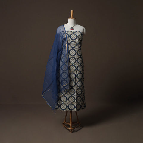 Ajrakh Hand Block Print Natural Dyed 2pc Cotton Unstitched Dress Material Kurta Set with Jewellery 04